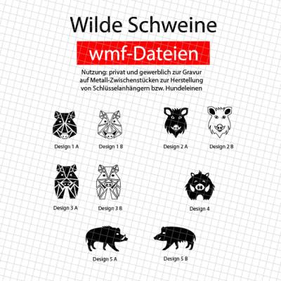wmf-Datei: Wildschweine, 9 Dateien für Gravur auf Metall-Schlaufen/Zwischenstücke Schlüsselanhänger Hundeleinen