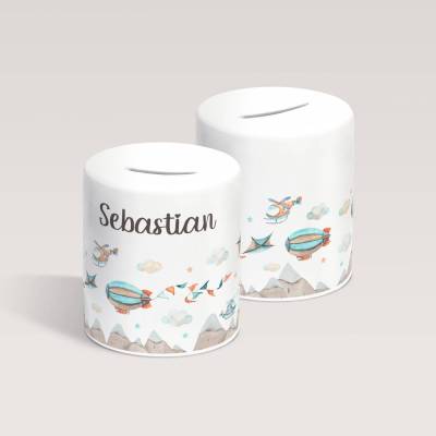 Spardose "Aircraft" mit Namen personalisiert für Kinder • Geschenk für Einschulung, Geburt und Taufe