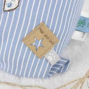 Personalisiertes Kinderkissen zur Geburt oder Taufe. Mit dem Motiv Hund in braun, hellblau aus Baumwollstoff . Bild 5