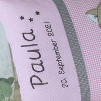 Personalisiertes Kissen zur Geburt oder Taufe, Fuchs, rosa, braun, aus Baumwollstoff, mit Namen, Biggis Design Bild 2