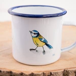 Emaille-Tasse Blaumeise, Geschenk Tasse mit Vogel Illustration, Personalisierbar Bild 5