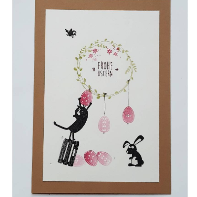 Osterkarte, gestempelt, braun, cats on appletrees, Karte mit Umschlag,