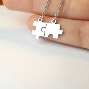 Kette 2 Puzzle Teile Spiel Liebe Freundschaft verbunden Paar Edelstahl Anhänger silbern Bild 3