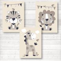 Kinderzimmerbilder, 3er Set Safari Tiere, Giraffe Tiger Löwe, A4, Hintergrundfarbe beige oder weiß Bild 1