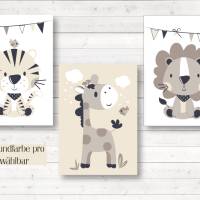 Kinderzimmerbilder, 3er Set Safari Tiere, Giraffe Tiger Löwe, A4, Hintergrundfarbe beige oder weiß Bild 3