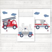 3er Set Kinderzimmerbilder Feuerwehrauto, Polizeiauto, Krankenwagen mit oder ohne Namen/ A4 weiß rot blau grau Bild 1