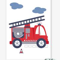 3er Set Kinderzimmerbilder Feuerwehrauto, Polizeiauto, Krankenwagen mit oder ohne Namen/ A4 weiß rot blau grau Bild 5