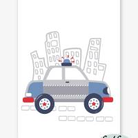 3er Set Kinderzimmerbilder Feuerwehrauto, Polizeiauto, Krankenwagen mit oder ohne Namen/ A4 weiß rot blau grau Bild 6