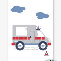 3er Set Kinderzimmerbilder Feuerwehrauto, Polizeiauto, Krankenwagen mit oder ohne Namen/ A4 weiß rot blau grau Bild 8