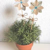 Set aus 2 Blumenstecker Origami Papierblumen, Kraftpapier/ blau/türkis, 21 cm, Frühling Ostern Muttertag Bild 1