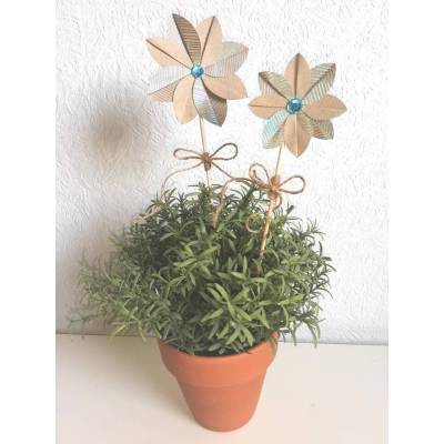 Set aus 2 Blumenstecker Origami Papierblumen, Kraftpapier/ blau/türkis, 21 cm, Frühling Ostern Muttertag