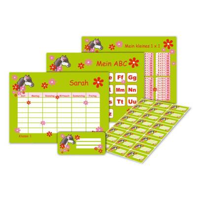 4 er Set  A4 Stundenplan + Lernposter + Heftaufkleber  | Pony Blumen - grün