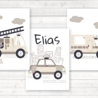 3er Set Kinderzimmerbilder Feuerwehrauto, Polizeiauto, Krankenwagen mit oder ohne Namen/ A4 weiß beige Bild 2