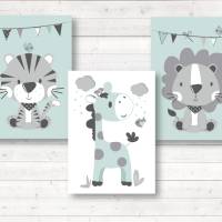 Kinderzimmerbilder, 3er Set Safari Tiere, Giraffe Tiger Löwe, A4, Hintergrundfarbe mint oder weiß Bild 3