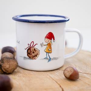 Frühstücks-Tasse Emaille oder Keramik, Geschenk Tasse mit kleinem Wichtel, Kindertasse zum Weihnachten, Personalisierbar Bild 1