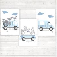 3er Set Kinderzimmerbilder Feuerwehrauto, Polizeiauto, Krankenwagen mit oder ohne Namen/ A4 weiß blau Bild 1