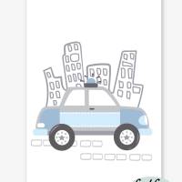 3er Set Kinderzimmerbilder Feuerwehrauto, Polizeiauto, Krankenwagen mit oder ohne Namen/ A4 weiß blau Bild 6