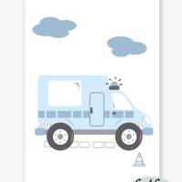 3er Set Kinderzimmerbilder Feuerwehrauto, Polizeiauto, Krankenwagen mit oder ohne Namen/ A4 weiß blau Bild 8