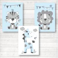 Kinderzimmerbilder, 3er Set Safari Tiere, Giraffe Tiger Löwe, A4, Hintergrundfarbe blau oder weiß Bild 1
