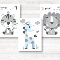 Kinderzimmerbilder, 3er Set Safari Tiere, Giraffe Tiger Löwe, A4, Hintergrundfarbe blau oder weiß Bild 4