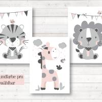 Kinderzimmerbilder, 3er Set Safari Tiere, Giraffe Tiger Löwe, A4, Hintergrundfarbe rosa oder weiß Bild 4