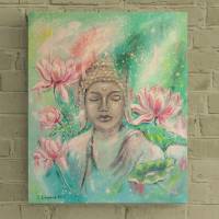 RELAXATION - Buddha mit Lotusblüten gemalt mit Glitter 50cmx60cm - Seerosenbild grün rosa Bild 1