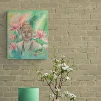 RELAXATION - Buddha mit Lotusblüten gemalt mit Glitter 50cmx60cm - Seerosenbild grün rosa Bild 2