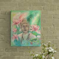 RELAXATION - Buddha mit Lotusblüten gemalt mit Glitter 50cmx60cm - Seerosenbild grün rosa Bild 3