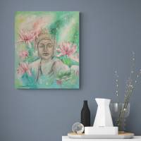 RELAXATION - Buddha mit Lotusblüten gemalt mit Glitter 50cmx60cm - Seerosenbild grün rosa Bild 4