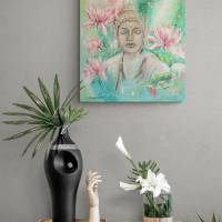 RELAXATION - Buddha mit Lotusblüten gemalt mit Glitter 50cmx60cm - Seerosenbild grün rosa Bild 5