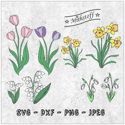 Plotterdatei - Frühlingsblumen - Narzissen - Schneeglöckchen - Tulpen - Maiglöckchen - SVG - DXF - Datei - Mithstoff