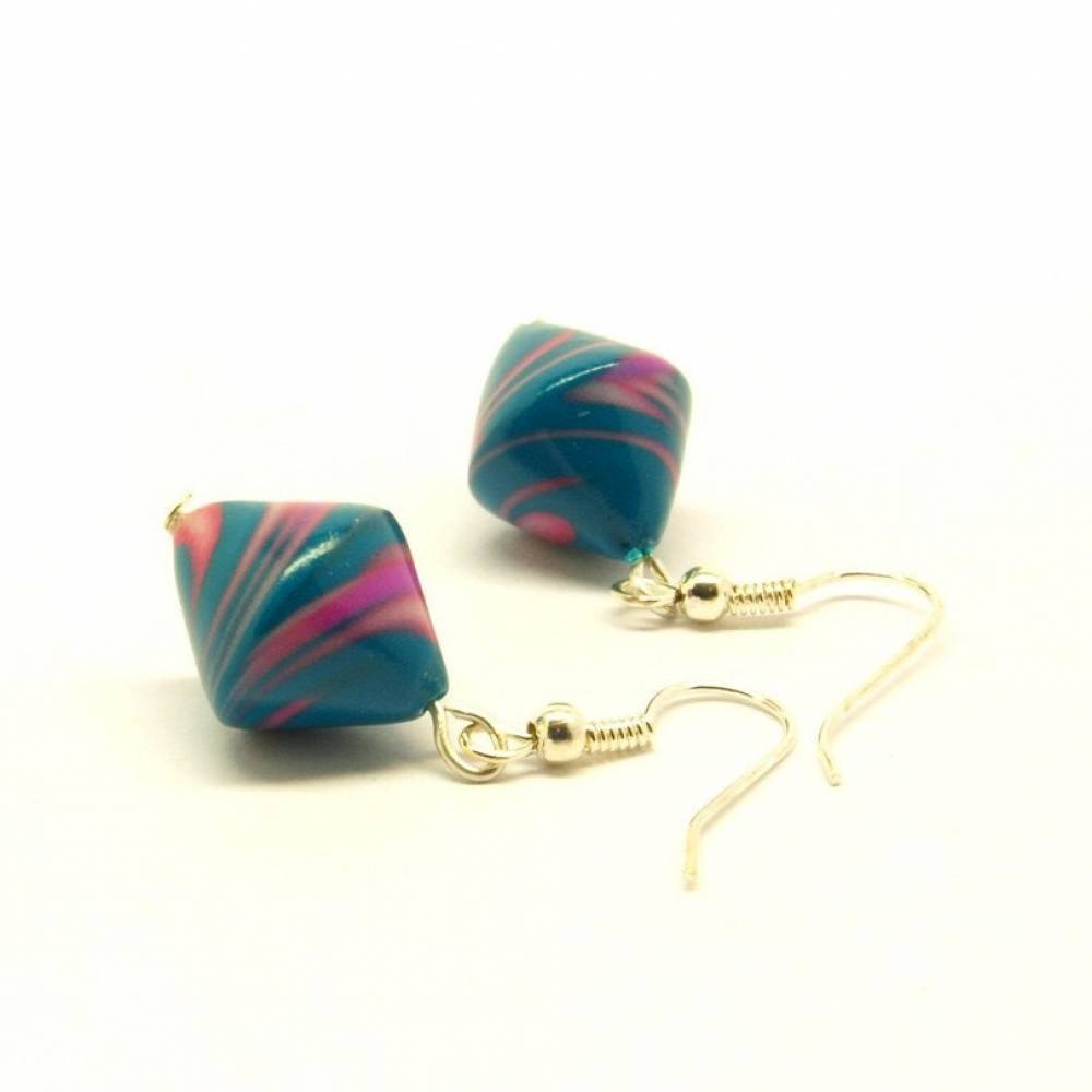 Ohrringe Perle Fimo Clay grün rosa Swirl Ohrhänger