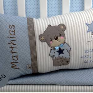 Personalisiertes Kissen zur Geburt oder Taufe, Teddy, blau,grau, aus Baumwollstoff,  Kuschelkissen, Kinderkissen,Namensk Bild 1
