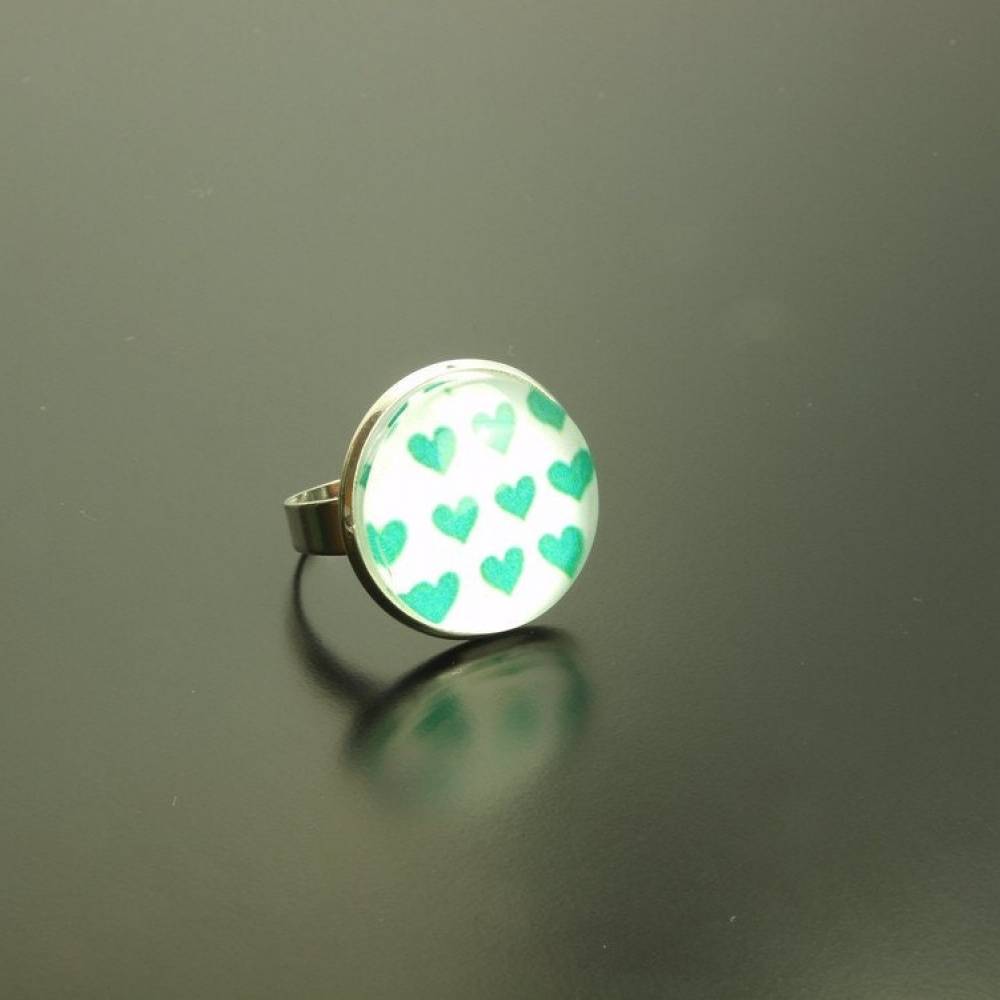 Ring Cabochon Glas Herzen weiß türkis blau Muster