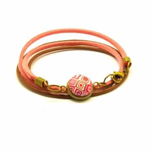 Wickelarmband nach Wahl Leder Cabochon Retro rosa braun Armband Armreifen bunt Muster silbern bronze golden Bild 2