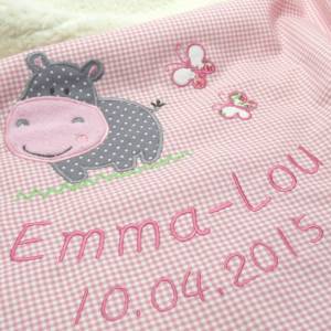 Süße individualisiert Babydecke, Krabbeldecke mit Nilpferd für Mädchen, rosa, Baumwollstoff Bild 3