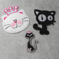 SET Katzen Applikation oder EINZELN schwarz , glitzer , rosa , weiss,  Aufnäher zum Aufbügeln Patch Bild 1