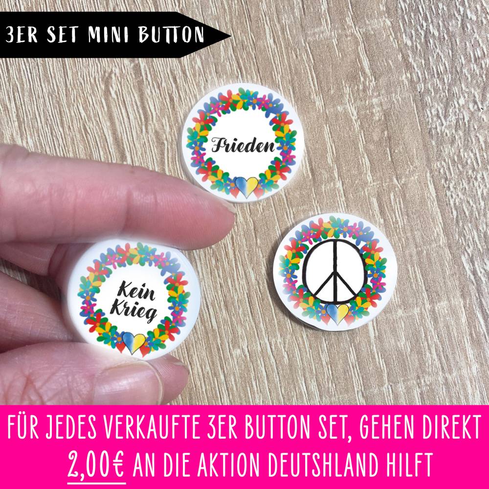 3er Charity Button Blumenkranz Frieden - Kein Krieg - Peace Symbol Bild 1