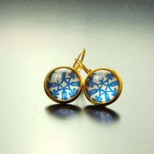 Ohrring Cabochon Glas blau weiß retro Motiv nach Wahl golden silbern bronze Ohrstecker Ohrhänger Bild 1