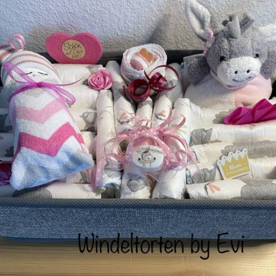 Esel Windeltorte für Mädchen, Eselchen, Windelbaby im Korb, auch mit Name personalisiert