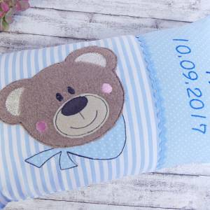 Namenskissen Teddy,Personalisiertes Kissen zur Geburt oder Taufe, blau, aus Baumwollstoff,  Kuschelkissen, Kinderkissen, Bild 1
