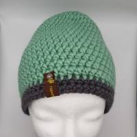 Mütze Gr L/XL unisex, mintgrün mit Rand anthrazit, warm und gehäkelt, gut auch für die Übergangszeit Bild 6