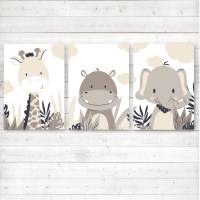 Kinderzimmerbilder / 3er Set / Giraffe, Nilpferd und Elefant im Dschungel/ mit oder ohne Namen/ A4 weiß beige Bild 1