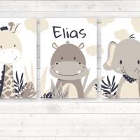 Kinderzimmerbilder / 3er Set / Giraffe, Nilpferd und Elefant im Dschungel/ mit oder ohne Namen/ A4 weiß beige Bild 2