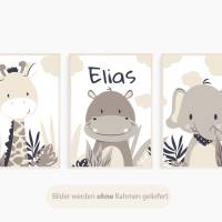 Kinderzimmerbilder / 3er Set / Giraffe, Nilpferd und Elefant im Dschungel/ mit oder ohne Namen/ A4 weiß beige Bild 3