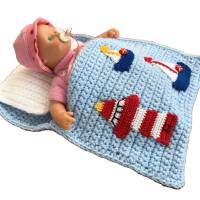 Puppenbettchen - Schlafsack für Puppen ca. 20 cm Leuchtturm und Segelboote Bild 1