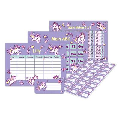 4 er Set A4 Stundenplan + Lernposter + Heftaufkleber | Einhorn - lila