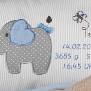 Personalisiertes Kissen zur Geburt oder Taufe, Elefant, jeansblau, aus Baumwollstoff,  Kuschelkissen, Kinderkissen, Name Bild 5