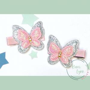 2er Set Alligator Haarspangen mit Schmetterling in rosa-grau Bild 1