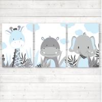 Kinderzimmerbilder / 3er Set / Giraffe, Nilpferd und Elefant im Dschungel/ mit oder ohne Namen/ A4 weiß blau Bild 1
